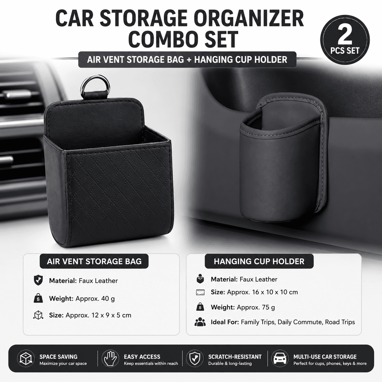 Universal Black Car Storage Set - PU Leather Air Vent Organizer and Hanging