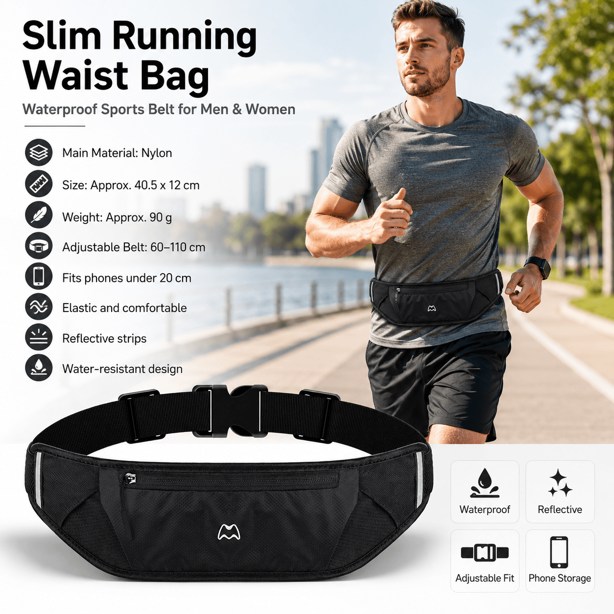 Black Running Waist Pack-Made of waterproof nylon with an adjustable strap