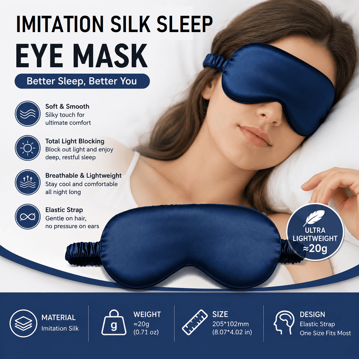 Blue Imitation Silk Sleep Eye Mask - Soft Breathable Light Blocking Design