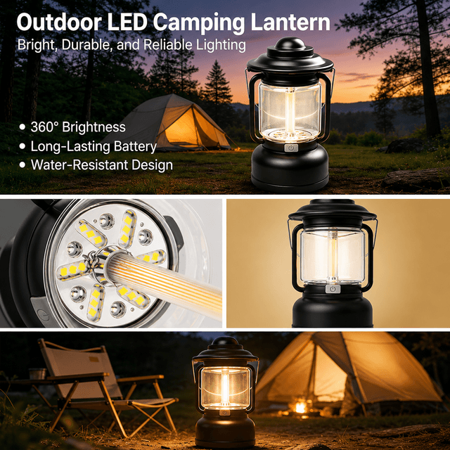 Black Vintage LED Outdoor Camping Lantern with Warm Ambient Light - 7