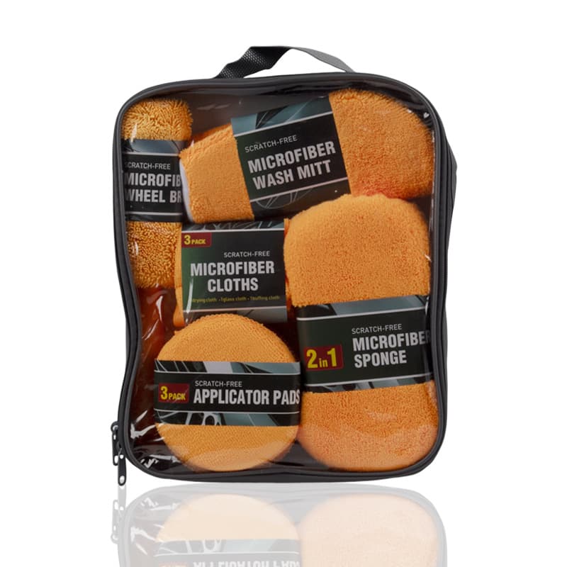 9-Piece Orange Car cleaning kit- Microfibre Wash Mitt, Sponge, Wheel Brush