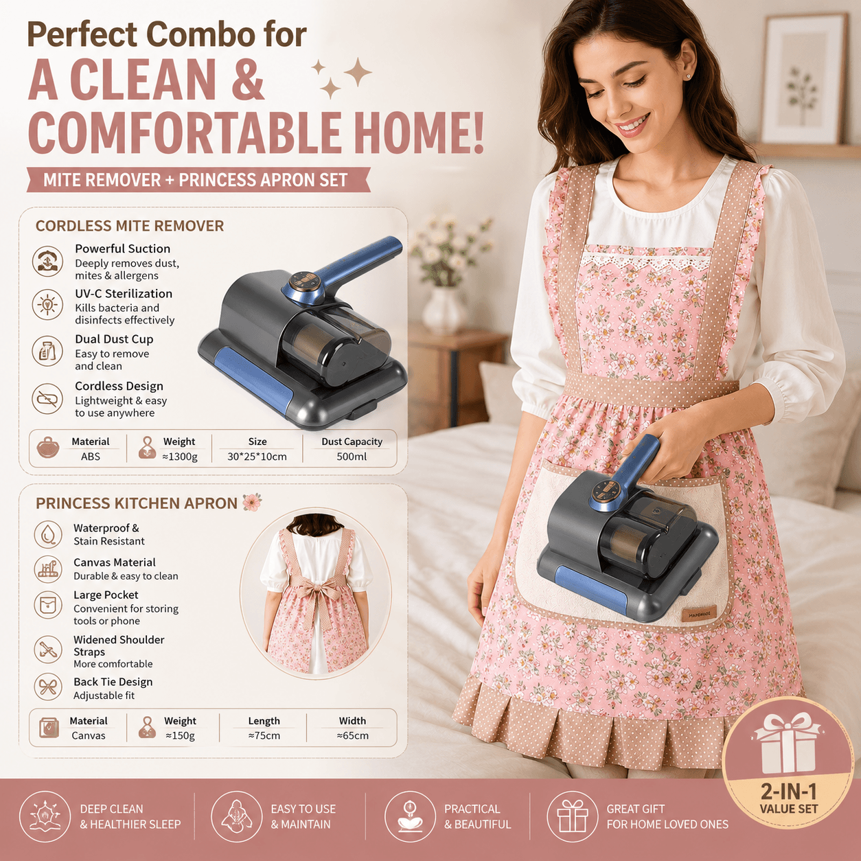 Home Clean Essential 2-piece set -Black Wireless UV Mite Remover - Pink