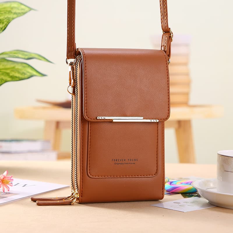 Brown Touch Screen Phone Wallet Crossbody Bag for Women Vertical PU Leather