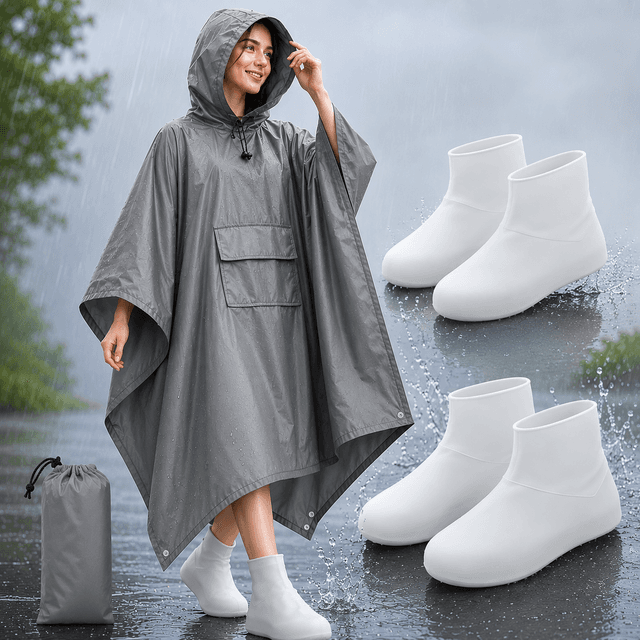 3-in-1 Grey Camping Rain Poncho / Outdoor Shelter Tarp / Ground - Grey Pairs