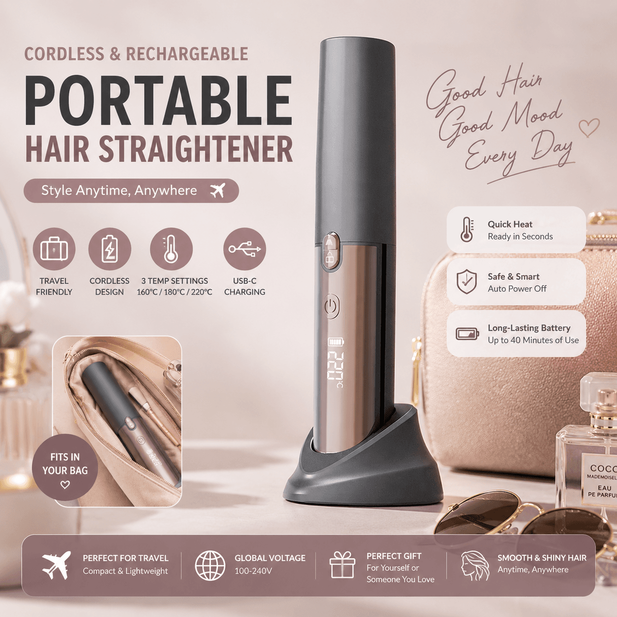 Brown Portable Cordless Hair Straightener Brush Rechargeable Mini Hair
