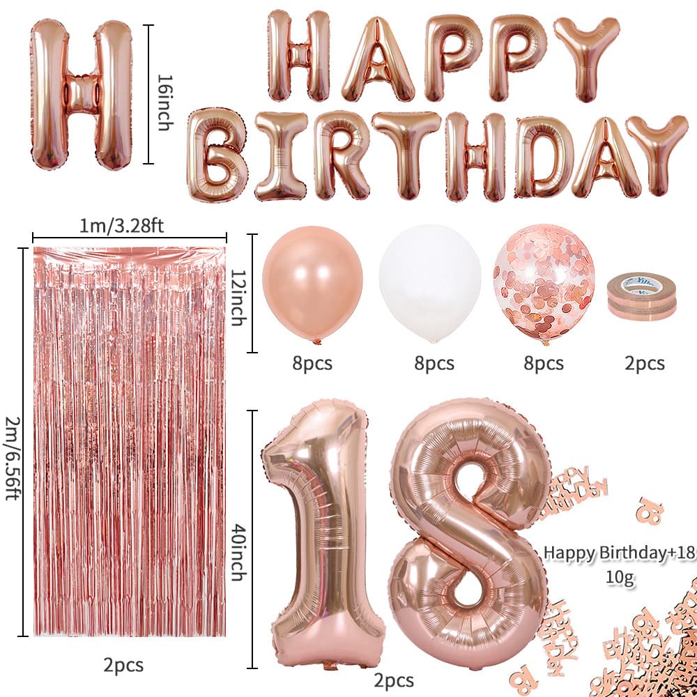 Rose Gold 18th Birthday Balloon Decoration Set - Foil Number Balloons, Happy