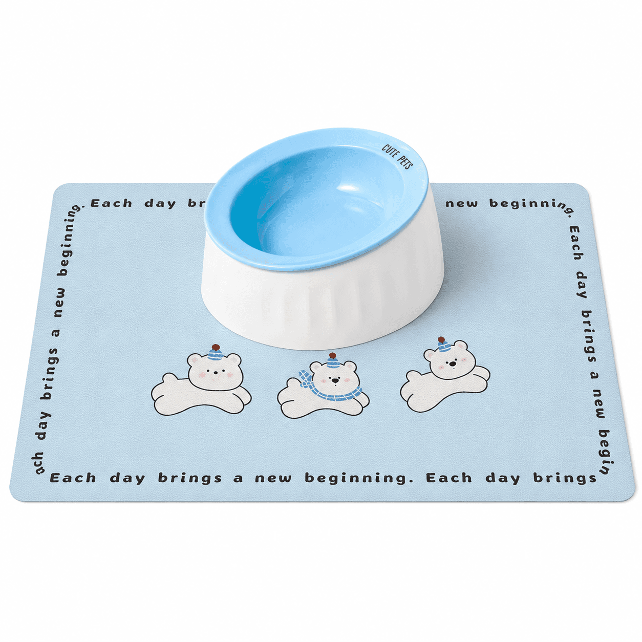 Pet Feeding Set - 15 Degree Tilted Ceramic Blue Bowl and Blue Non-Slip PVC