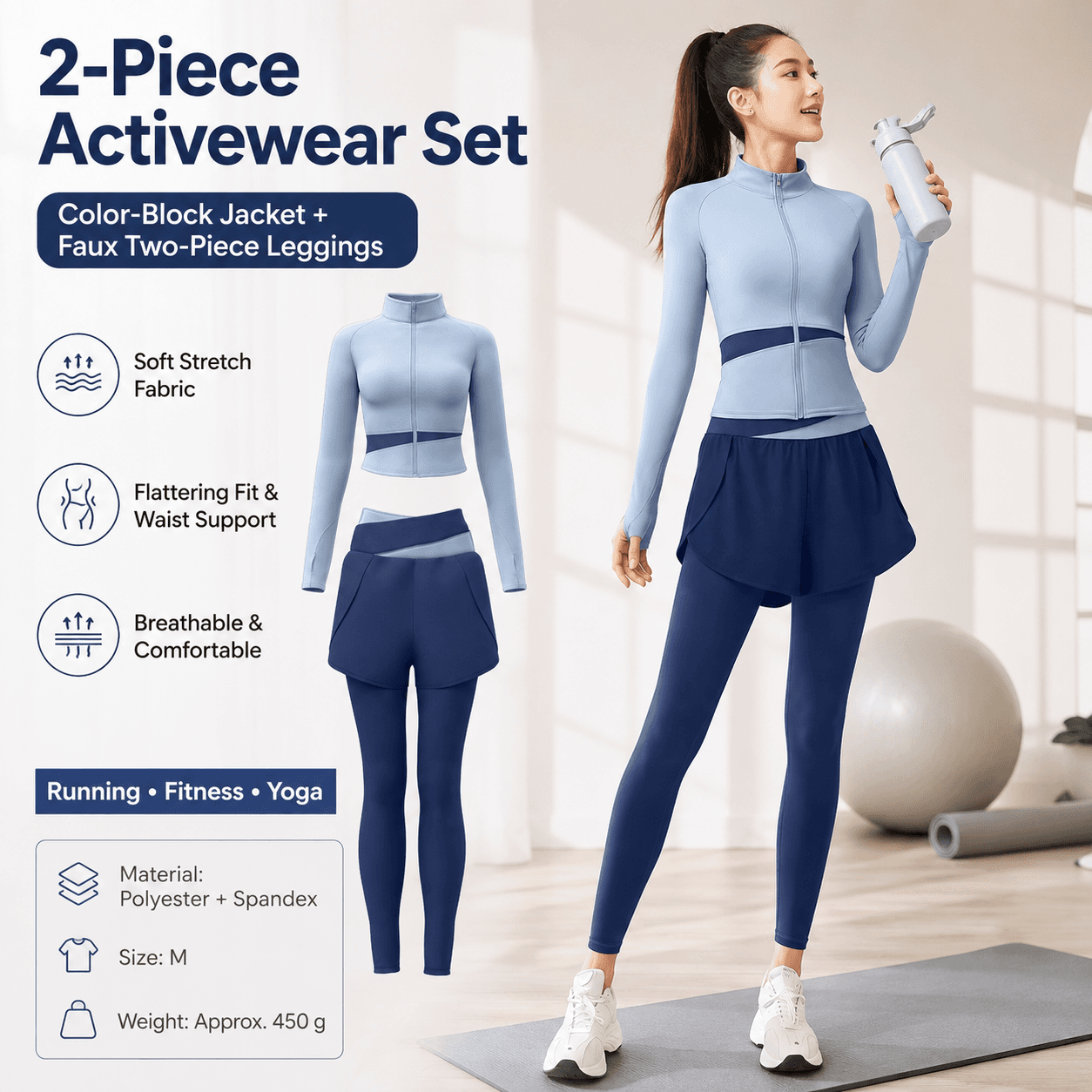 M size Women's 2-Piece Running Yoga Set - Blue Colorblock Zip Jacket