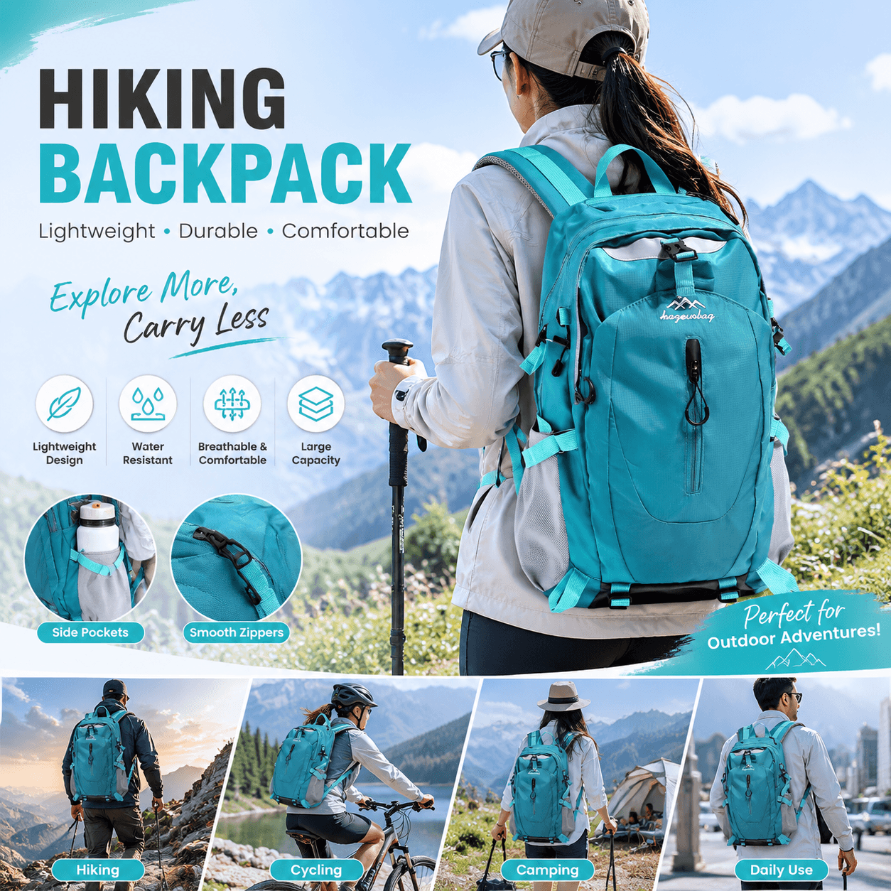 Lake Blue Outdoor Hiking Backpack - Lightweight Nylon Travel Daypack