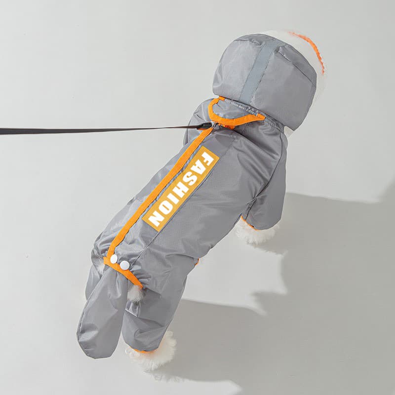 Grey and Orange XS size Dog Raincoat with Leash Access and Transparent Hood