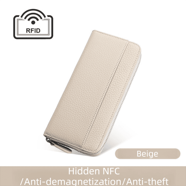 Beige Genuine Leather Women's Long Wallet with RFID Blocking & Hidden NFC