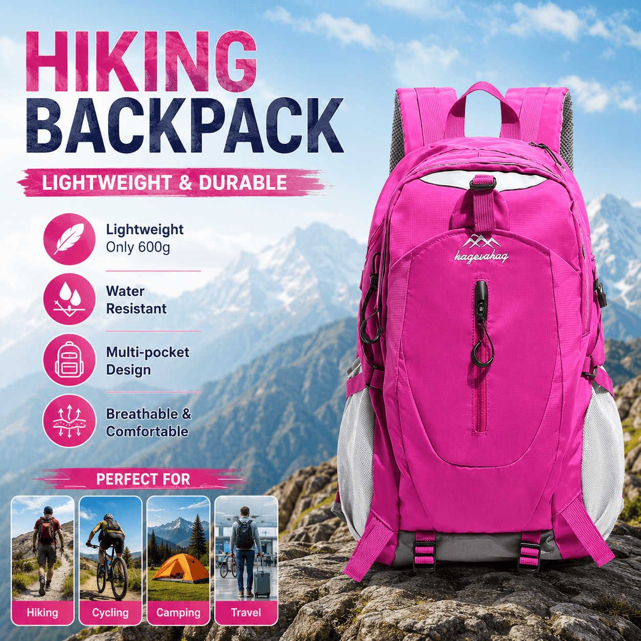 Rose Red Outdoor Hiking Backpack - Lightweight Nylon Travel Daypack