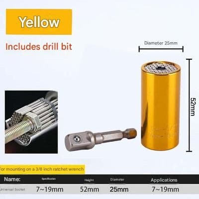 Yellow Universal Socket Set 7-19mm - Steel Construction - Multi-function