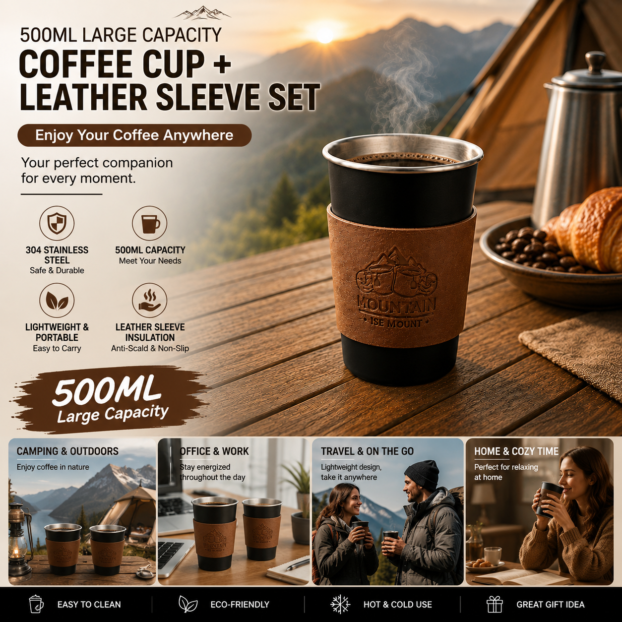 Black 304 Stainless Steel Camping Coffee Cup with Leather Sleeve - 500 ml