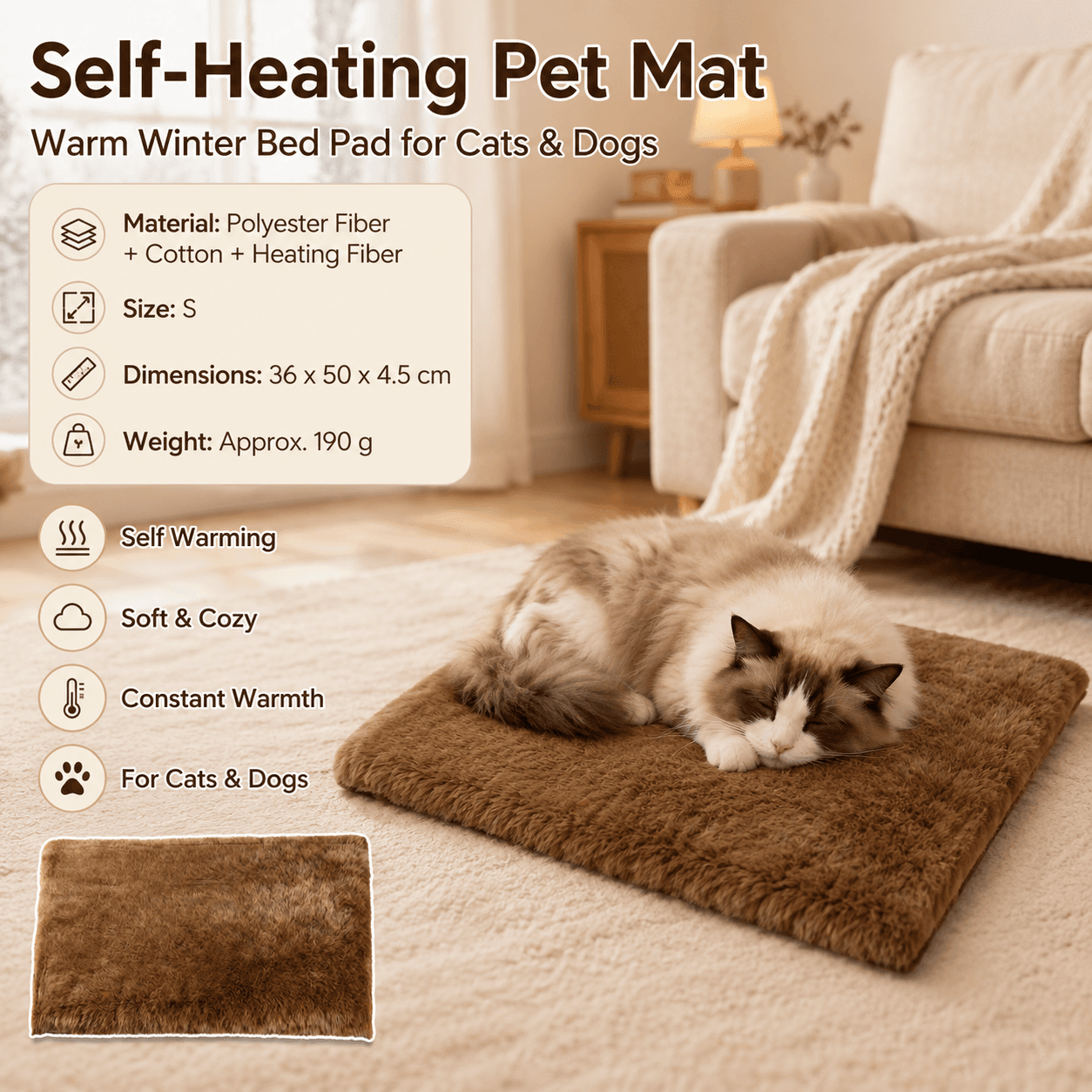 Brown S Size 36 × 50 cm Self Heating Pet Mat - Soft Plush Non-Slip Thermal