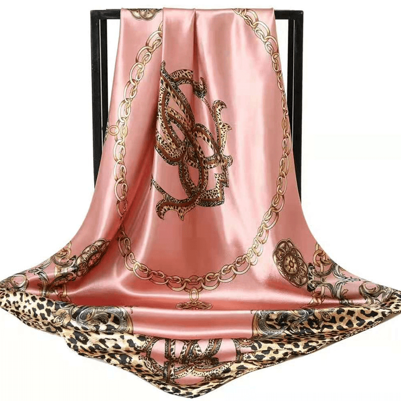 Pink Leopard Print Chain Pattern 90 × 90 cm Satin Silk Scarf for Women