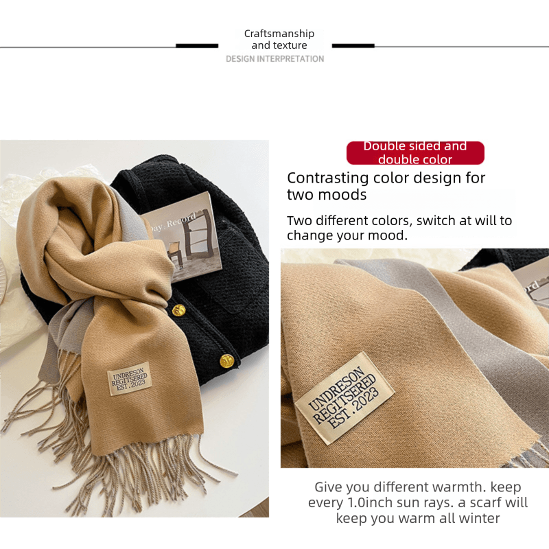 Khaki and Beige Double-Sided Reversible Imitation Cashmere Scarf for Women