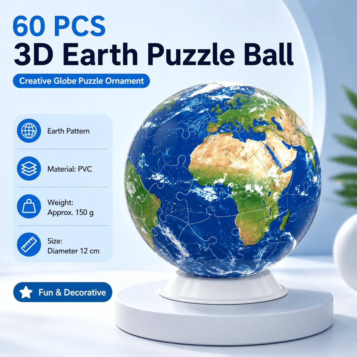 3D Globe Puzzle - 60 Piece Spherical Jigsaw, PVC Earth Model for Education