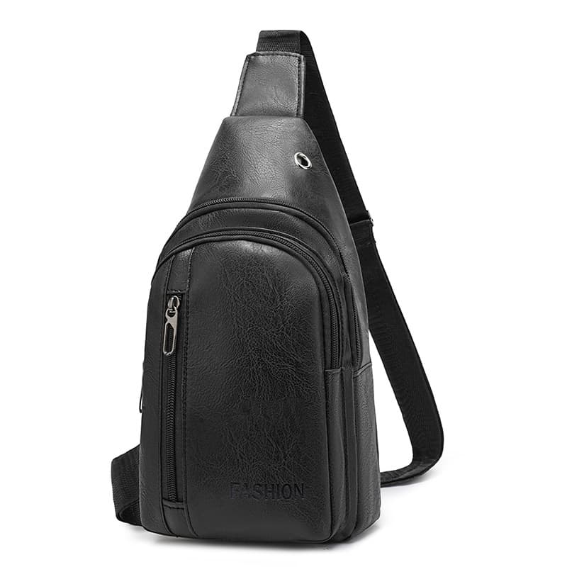 Black Men's PU Leather Chest Bag - Water Resistant Crossbody Sling Bag