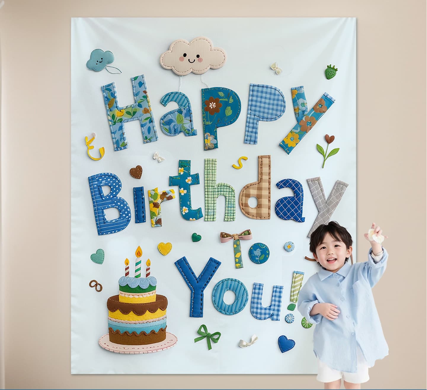 Blue Happy Birthday Backdrop Banner - Reusable Fabric Party Decoration