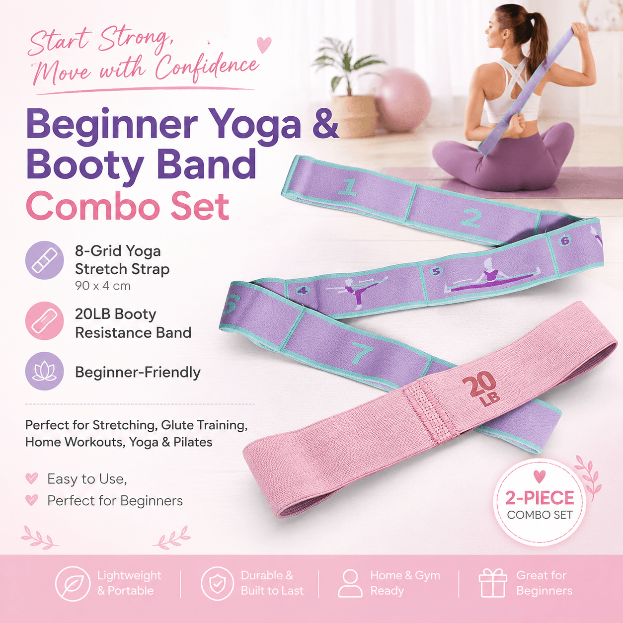 8 Grid Yoga Stretching Strap and 20LB Resistance Band Set for Pilates