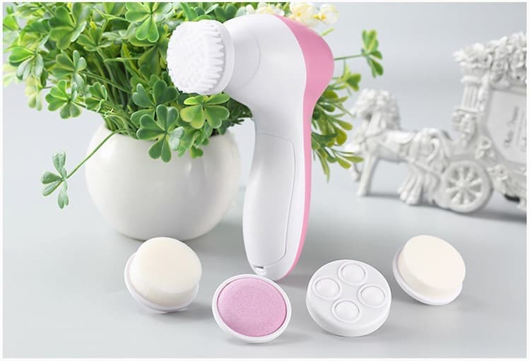 Pink 5-in-1 Electric Facial Cleansing Brush - 2 x AA, Not Included