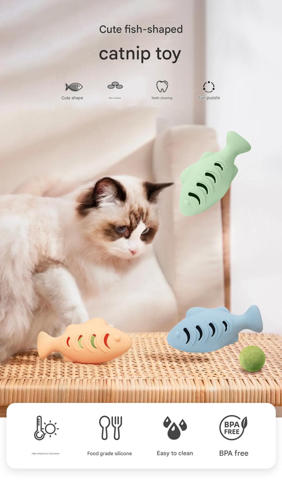 2-piece Blue Fish-Shaped Silicone Cat Toy and Catnip- 3-in-1 Interactive