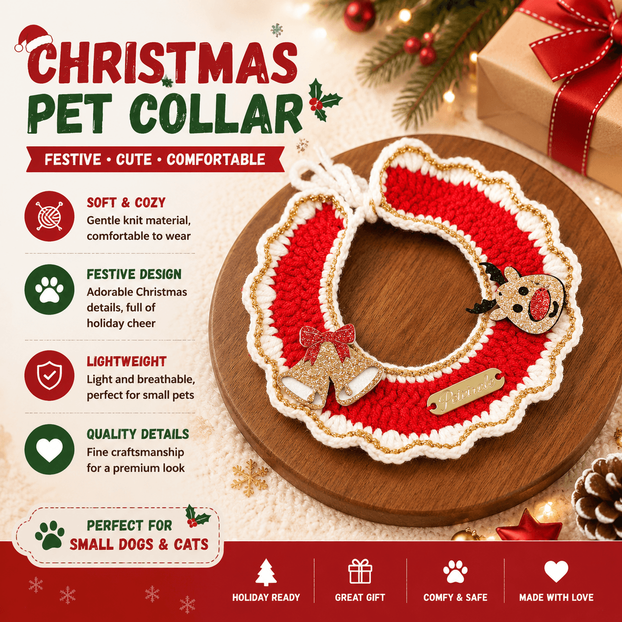 Christmas Pet Collar(Bell-shaped deer) Knitted Festive Dog Cat Collar Red