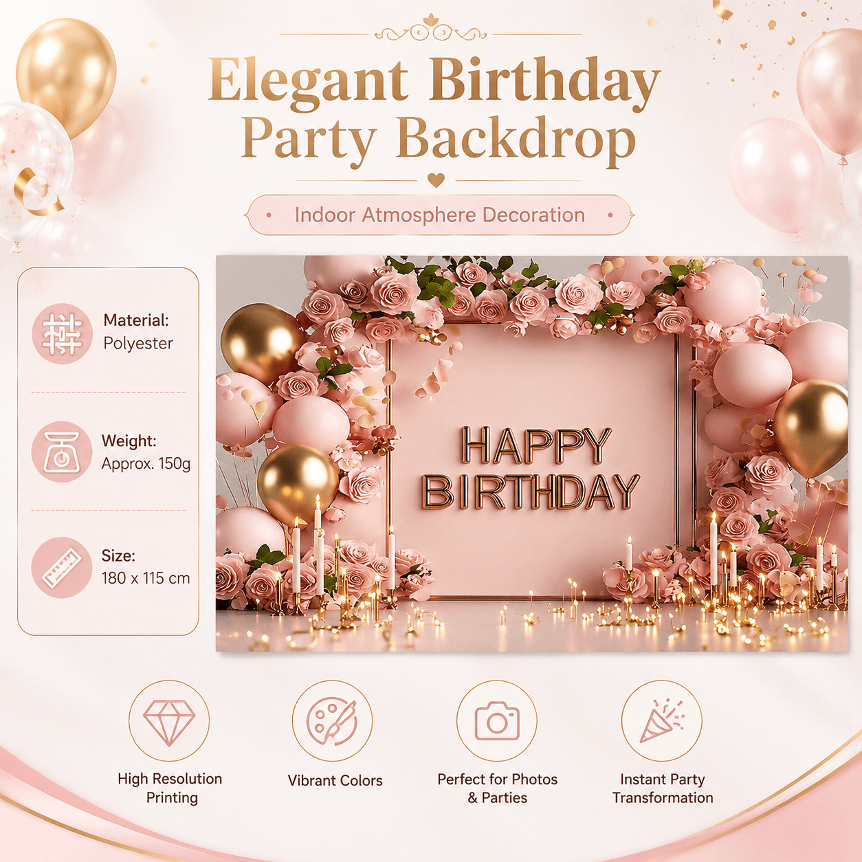 180×115 cm Pink Printed Floral, balloon, and candle patterns Happy Birthday
