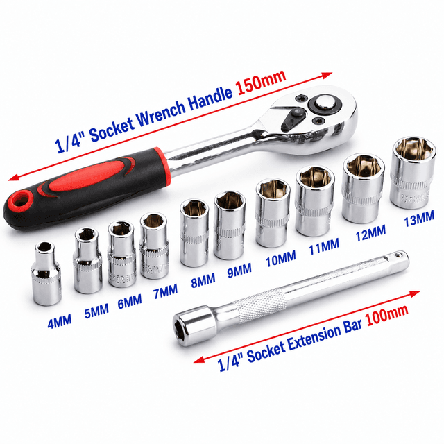 12-Piece Portable 1/4 Inch Ratchet Socket Wrench Set - 10 Sizes Metric