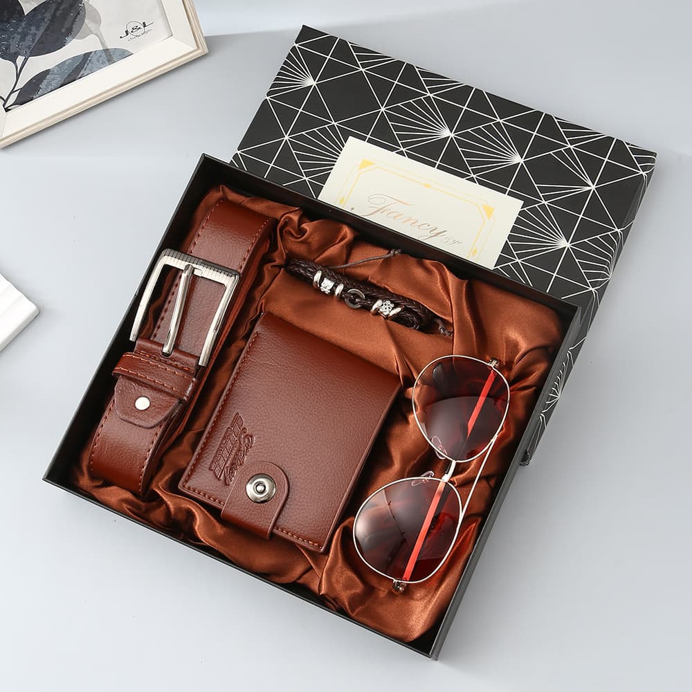 Brown 4-Piece Men's Gift Set - Leather Wallet, Belt, Sunglasses & Bracelet