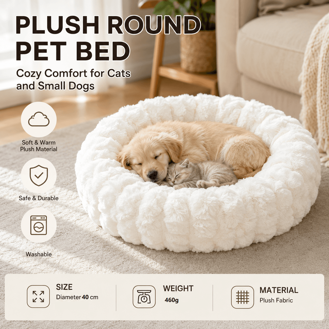 White 40 cm with Heart-patterned jacquard Plush Round Pet Bed - Soft Donut