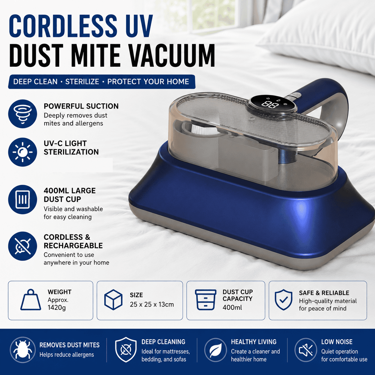 Blue Cordless UV-C Mite Remover Vacuum - 400 ml Dust Cup, High-Frequency