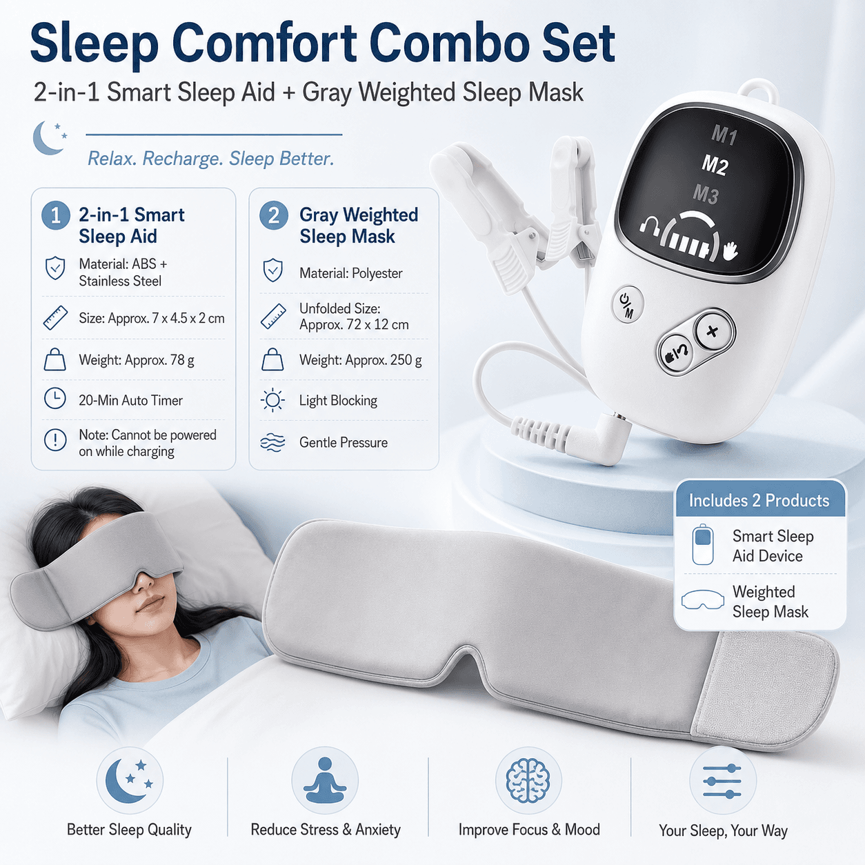 Home and Travel Sleep Aid Bundle - White Dual Mode CES Microcurrent - Grey