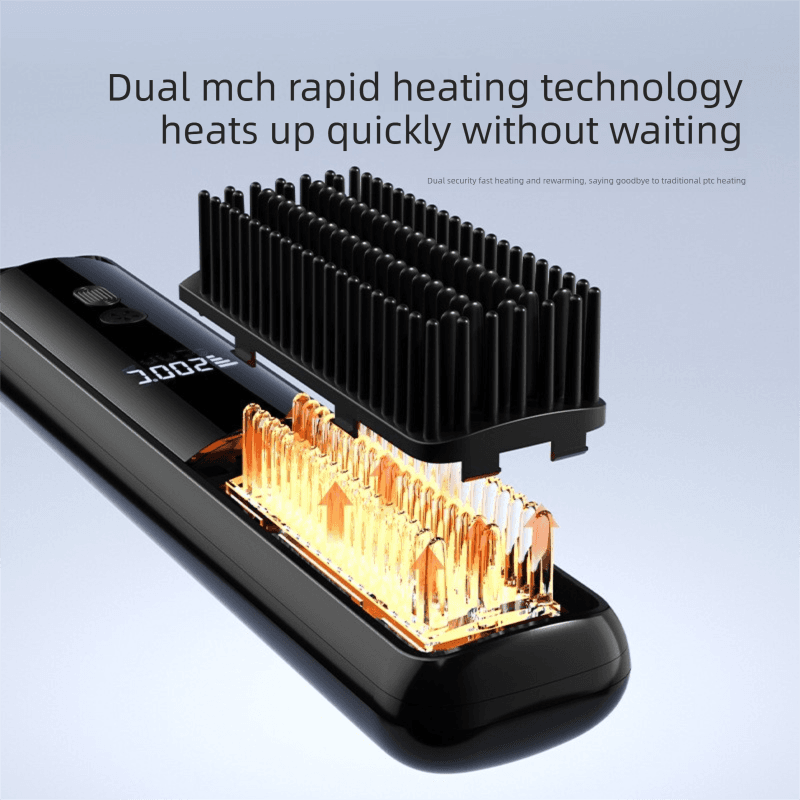 Black Wireless Rechargeable Hair Straightener Brush with LCD Display - USB-C