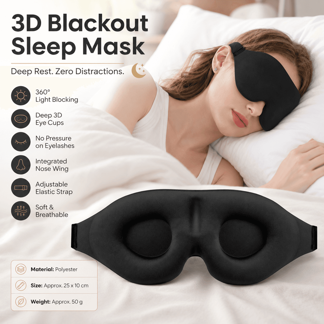 Black 3D Contoured Sleep Eye Mask - 360 Degree Blackout Blindfold