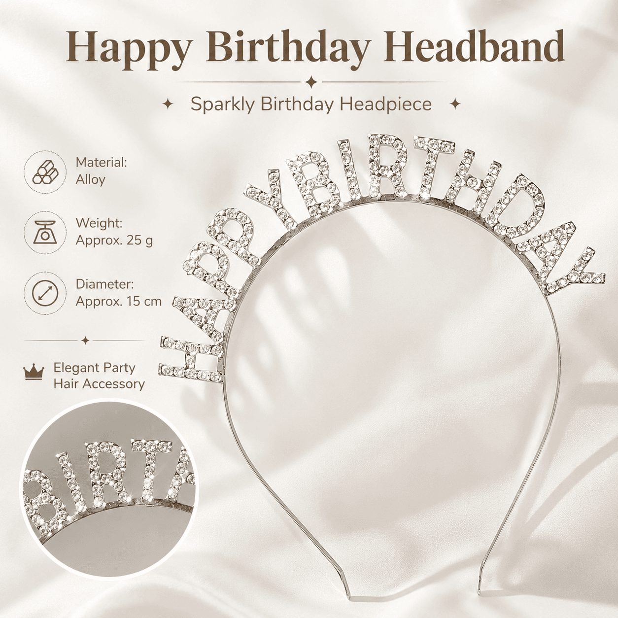 Silver Happy Birthday Rhinestone Headband - Alloy Party Hair Accessory