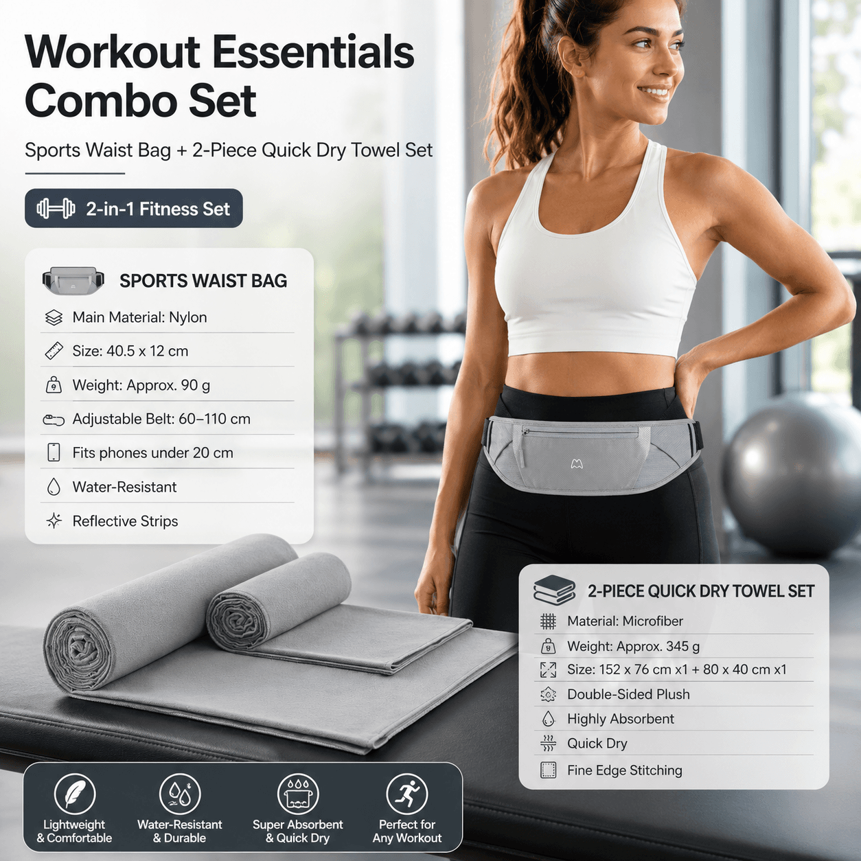 Dry and Breathable Sports combination-Grey Running Waist Belt and Grey 152 ×