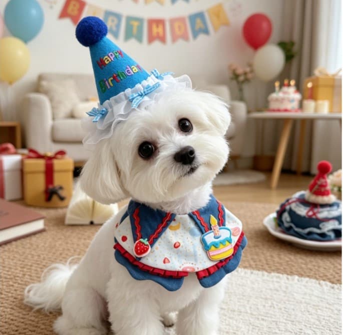 Size M Blue Pet Birthday Party Supplies Strawberry Cake Bib and Hat Set Cat