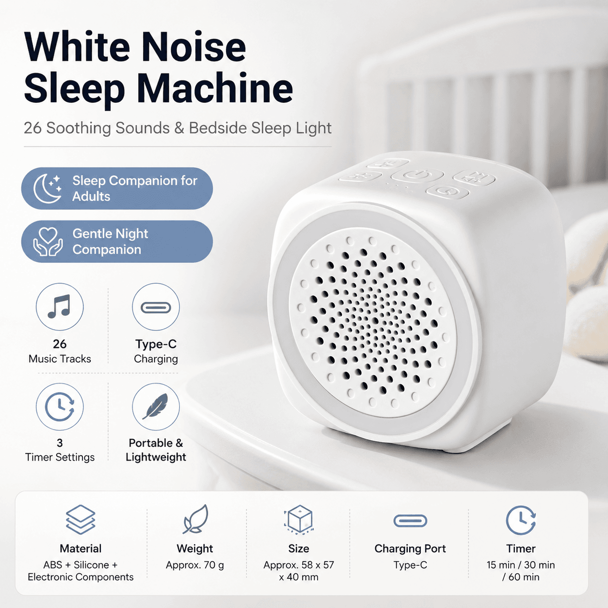 Lightweight and portable White Noise Sleep Machine with Night Light - 26