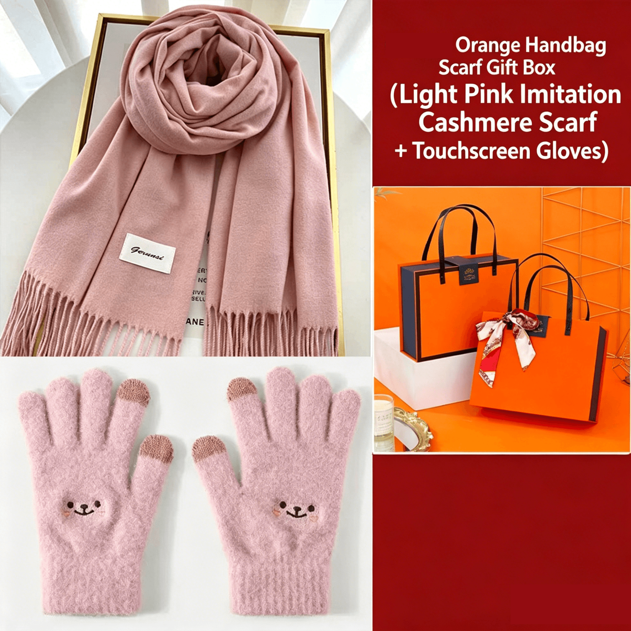 Pink Winter Cashmere-Like Scarf and Gloves Gift Set for Women - Solid Color