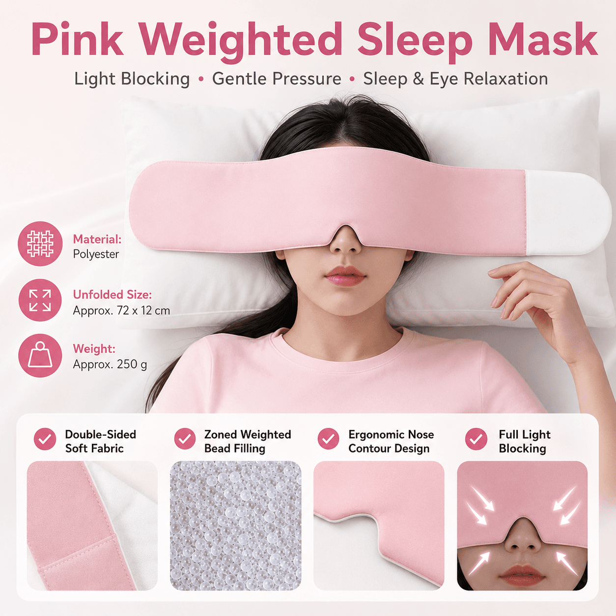 Pink Weighted Sleep Mask - Double-Sided Cooling and Warm Fabric, Micro-Bead