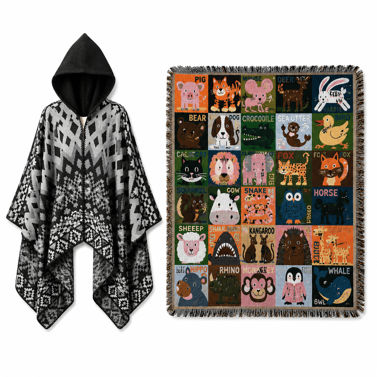 Black Warm Hooded Poncho Shawl and Animal Pattern Throw - Black Throw