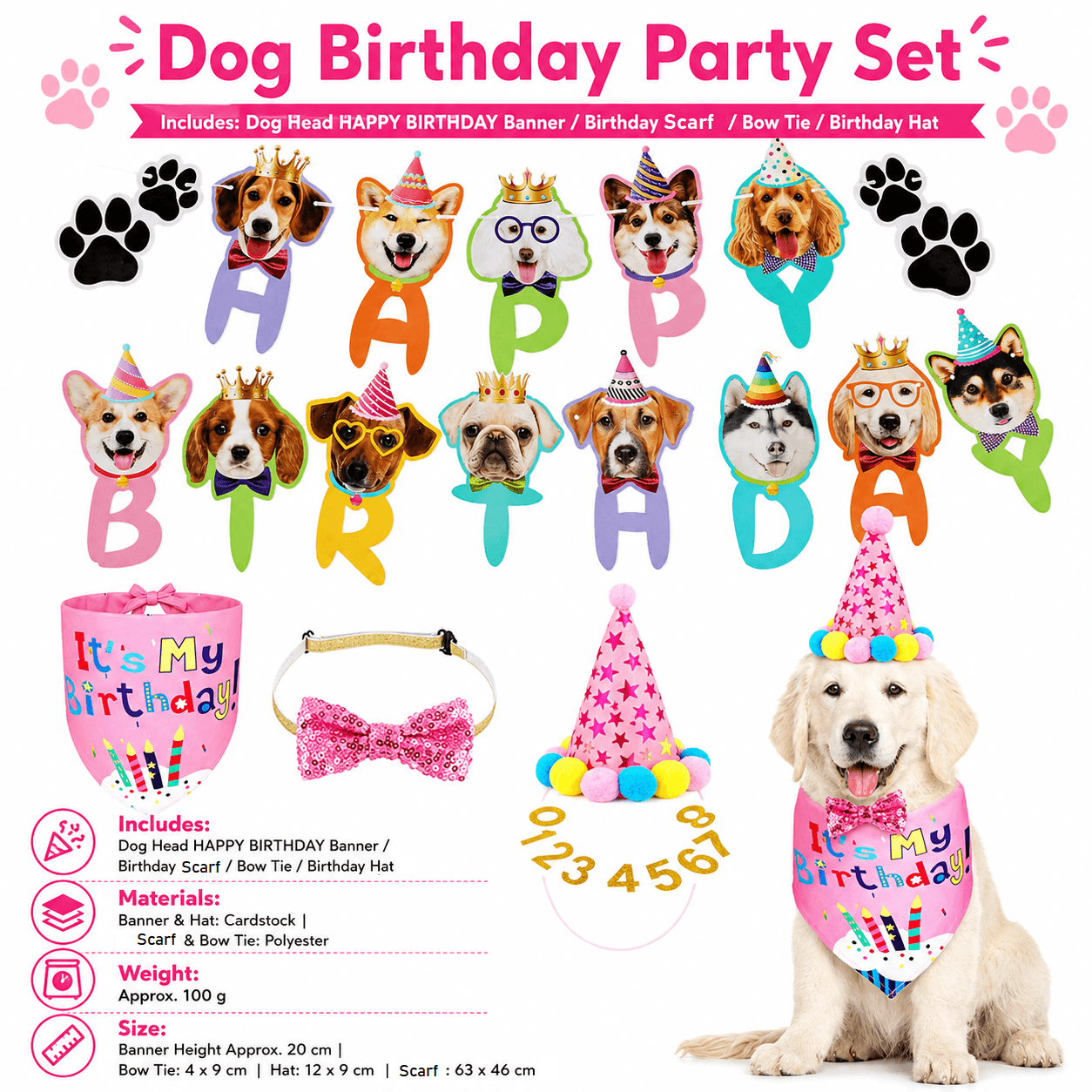 Pink Dog Birthday Party Decoration Set - Puppy Themed Banner, Adjustable