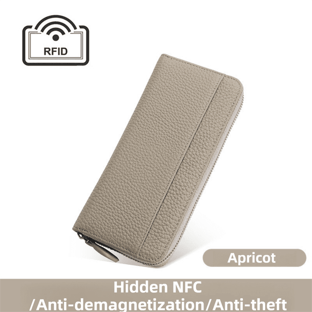 Apricot Genuine Leather Women's Long Wallet with RFID Blocking & Hidden NFC