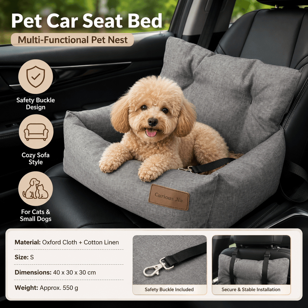 Grey S Size 40 × 30 cm Car pet bed -Oxford Linen Removable Washable Non-Slip