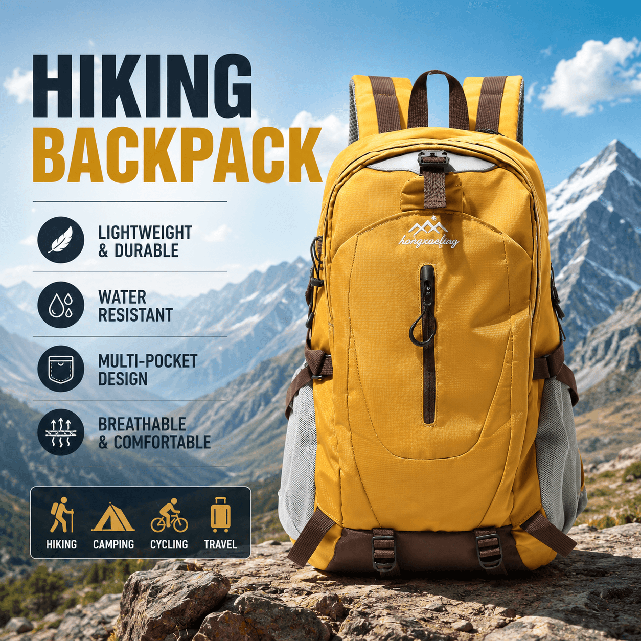 Yellow Outdoor Hiking Backpack - Lightweight Nylon Travel Daypack with Multi