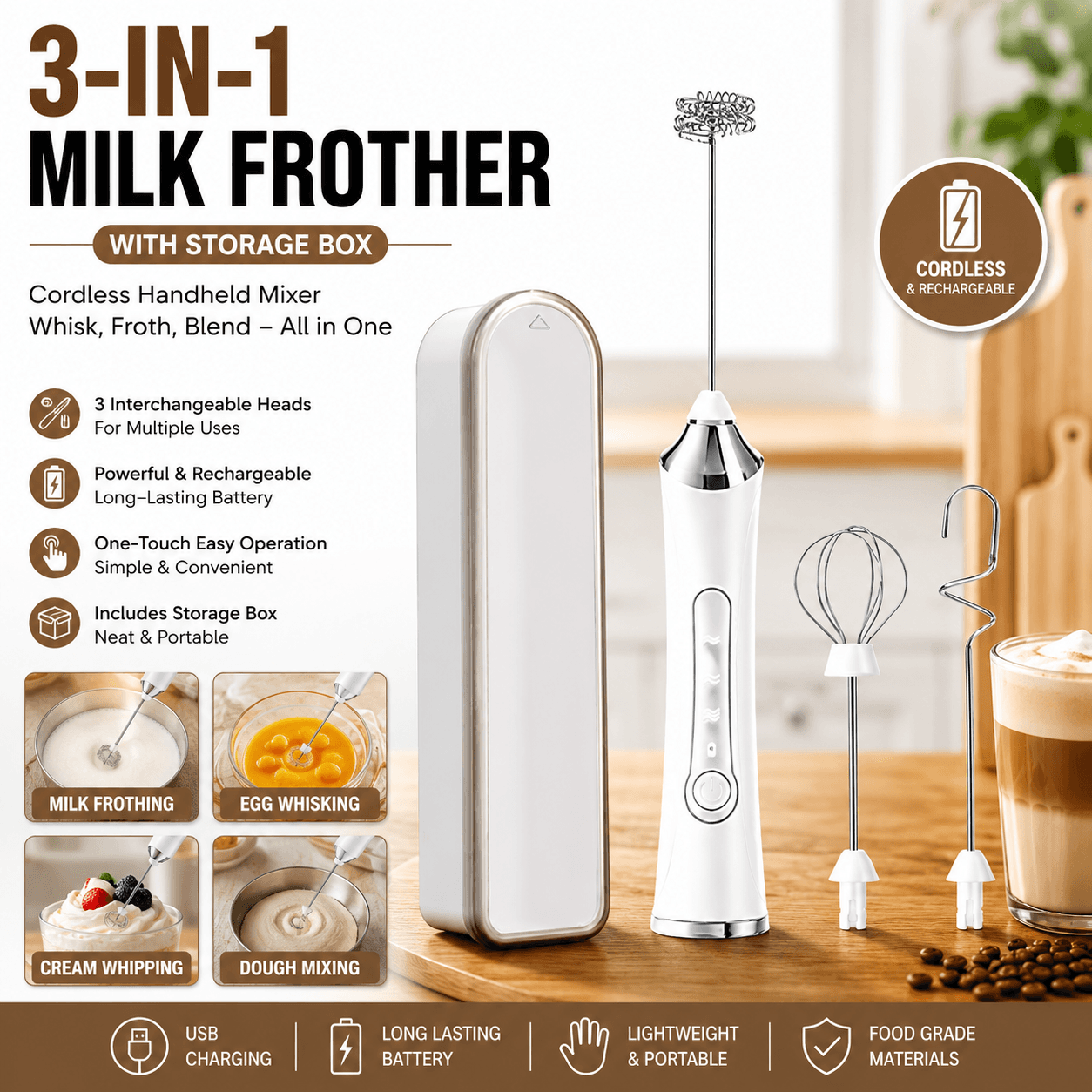 White 3 in 1 Handheld Electric Milk Frother with Storage Case Wireless