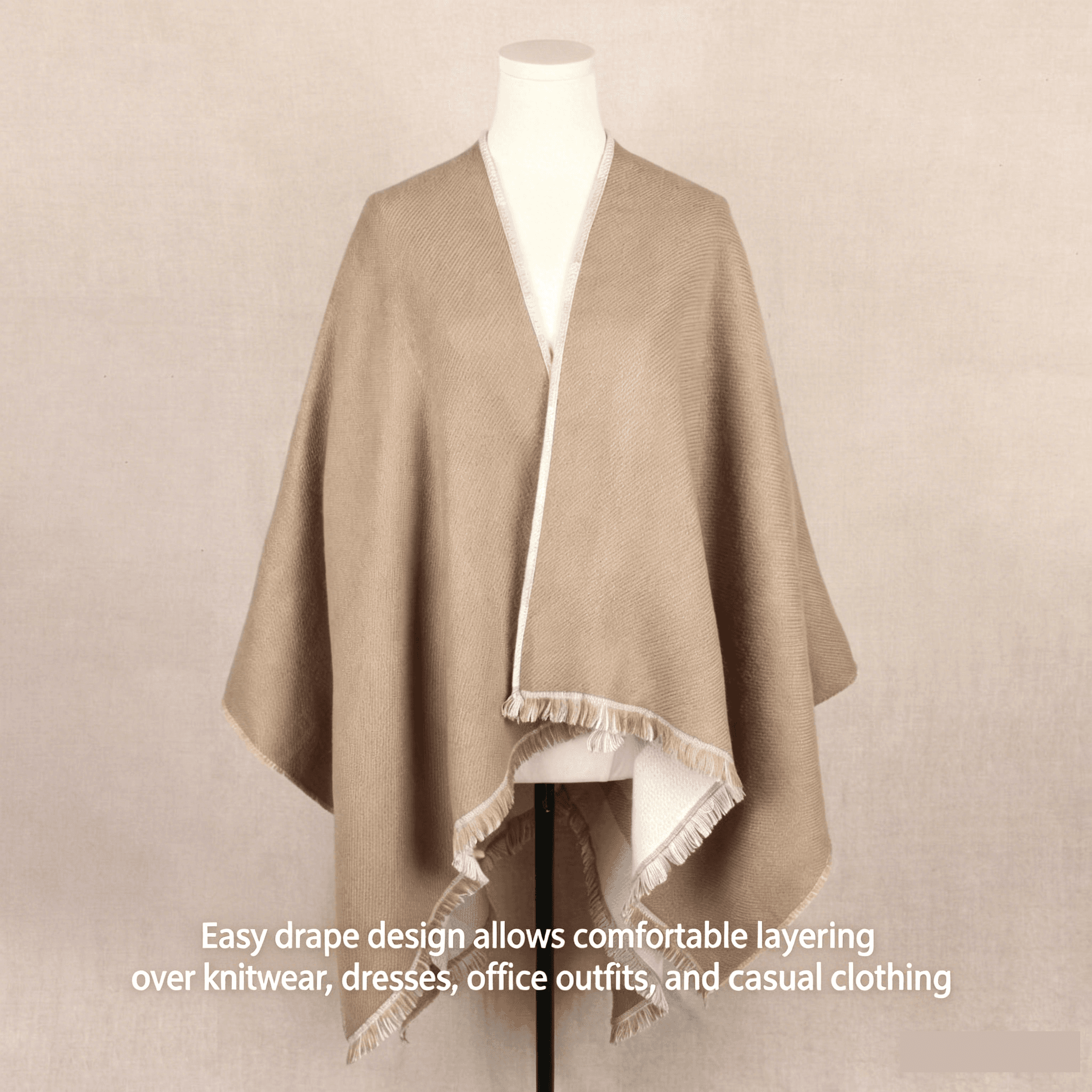 Beige and Brown Women Plaid Poncho Shawl Wrap - Faux Cashmere Reversible