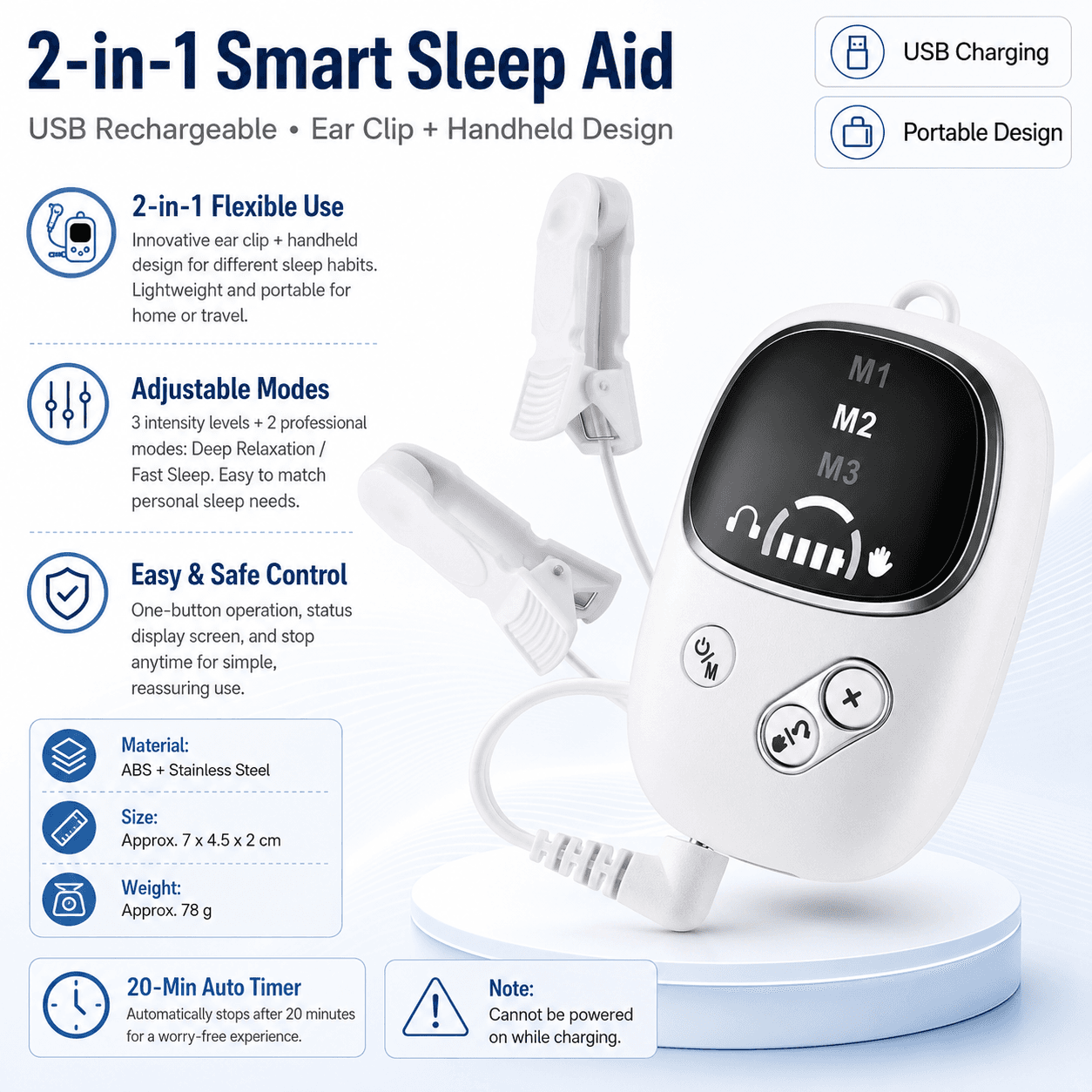 White Handheld CES Sleep Aid Device with Ear Clip - Dual Mode Microcurrent